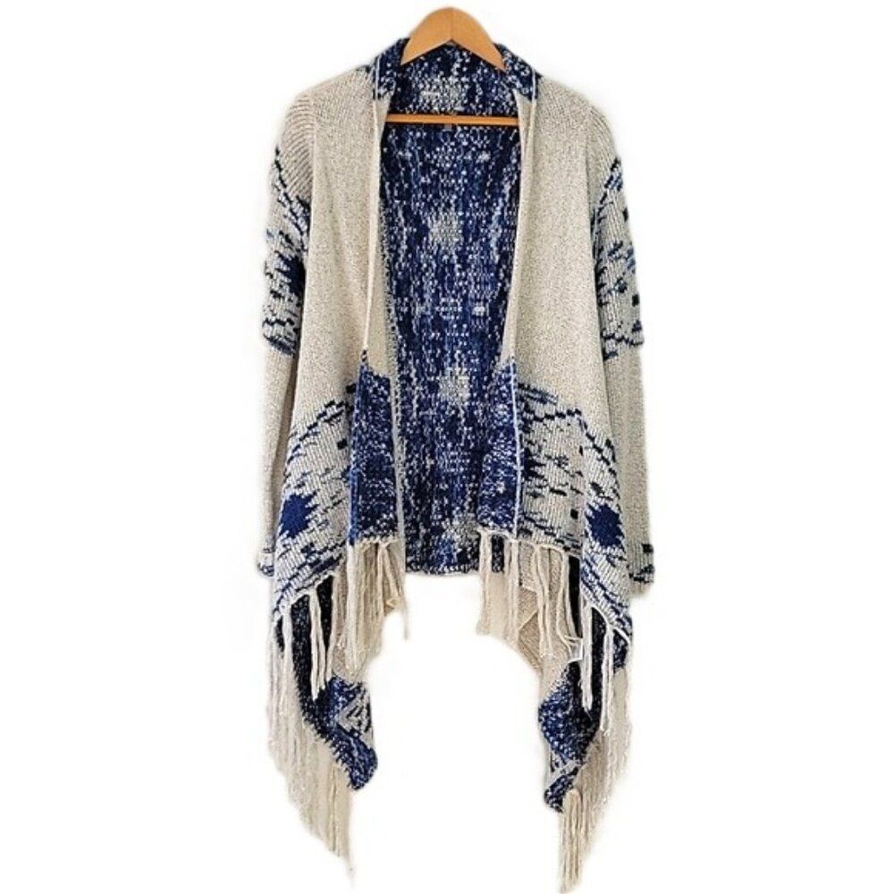 Charlotte Russe Cream Blue Knit Cardigan Sweater size M Tassels Fringe Tribal